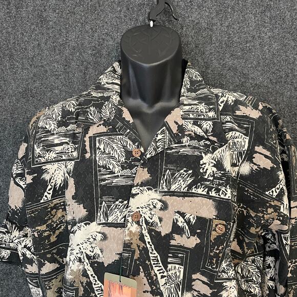 Bobby Chan Silk Hawaiian Shirt Men’s L Black Tan Palm Tree Aloha Friday - Picture 3 of 11